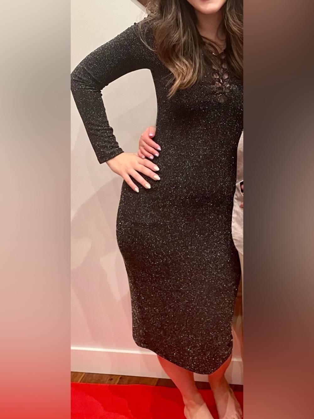 Dex Black Sparkle Lace-Up Long Sleeve Bodycon Dress